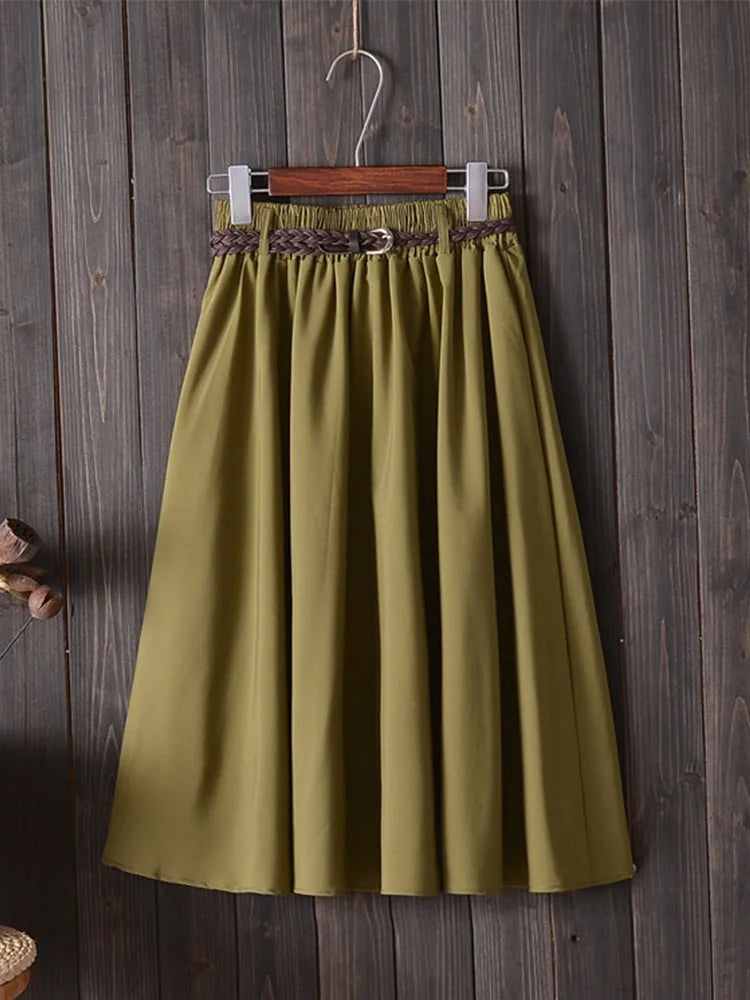 Midi Knee Length Summer Skirt Women With Belt  Fashion Korean Ladies High Waist Pleated A-line School Skirt Female