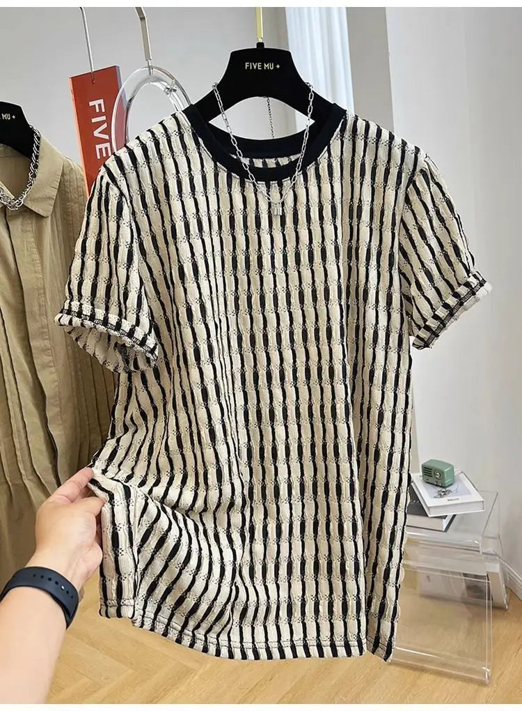 Men's Summer Hollow Stripes Short Sleeved Men's O-Neck Hip-hop Street High Street Couple T-shirt Streetwear Outdoor for Clothing