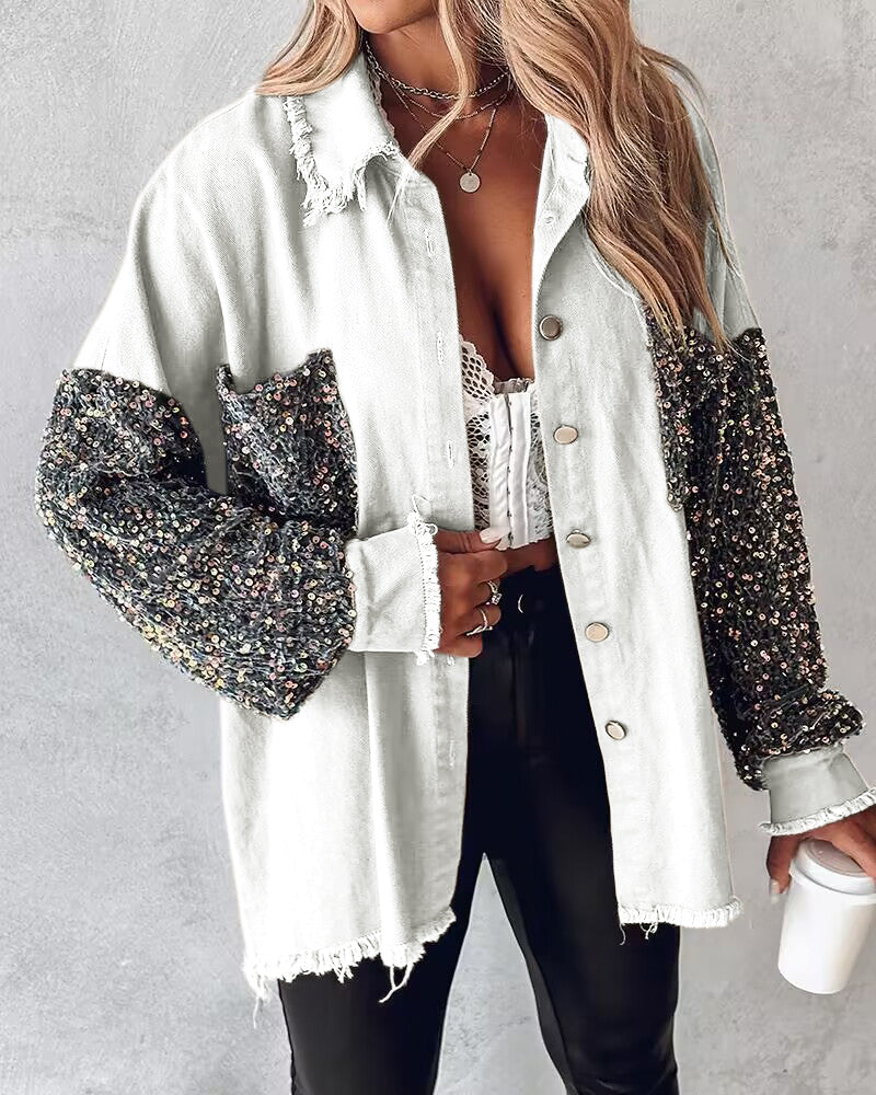 Contrast Sequin Raw Hem Shacket Women Jackets & Coats Tops