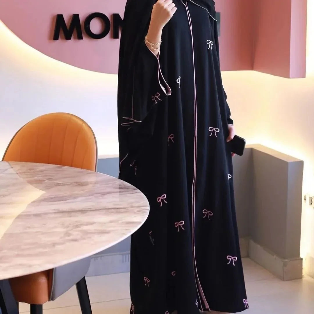 Eid Muslim Women Party Dresses Jalabiya Bow Embroidery Ramadan Morocco Vestidos Dubai Open Abayas Kaftan Islam Cardigan Robe