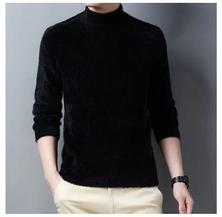 New Pullover Men Sweater Soft Warm Long Sleeve Mock Neck Solid Color Fine fleece Sweater Thicken Warm Loose Casual Sweaters