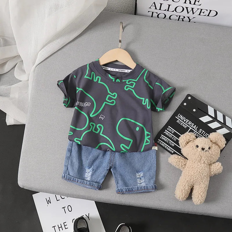 Summer Baby Boys Clothing Suits Childrens Set Dinosaur Print Tshirt+Denim Shorts 2 Pcs/sets Fashion  Children'clothes