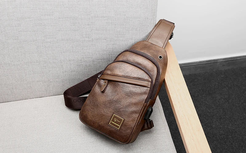 Kangaroo Luxury Brand Men Chest Bag Leather Messenger Crossbody Bag Black Brown Chest Pack Vintage Casual Men Shoulder Bags