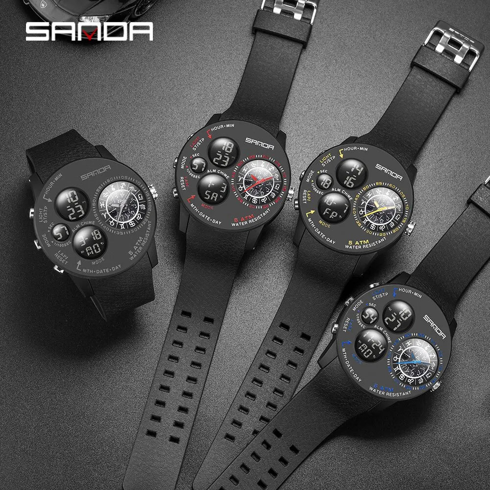 SANDA 2023 Fashion Outdoor Mens Watches Top Brand Military Sports Quartz Watch Dual Display Creative Wristwatch Waterproof Clock