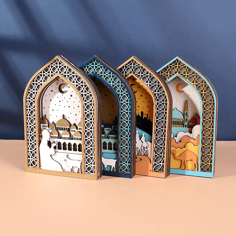 Ramadan Wooden Moon Mosque Night Light Table Ornament EID Mubarak Party Light 2025 Islam Muslim Home Decoration Eid Al Adha Gift