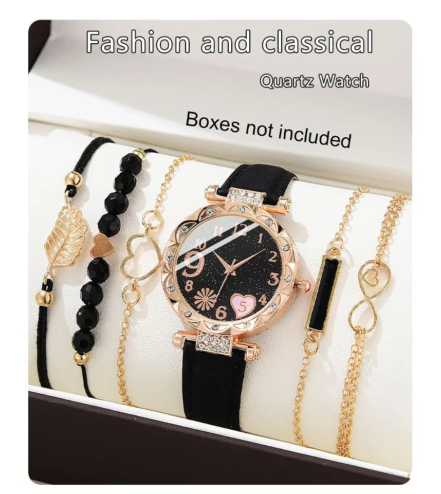 5PCS Set Watch For Women Luxury Leather Analog Ladies Quartz Wrist Watch Fashion Bracelet Watch Set Female Relogio Feminino