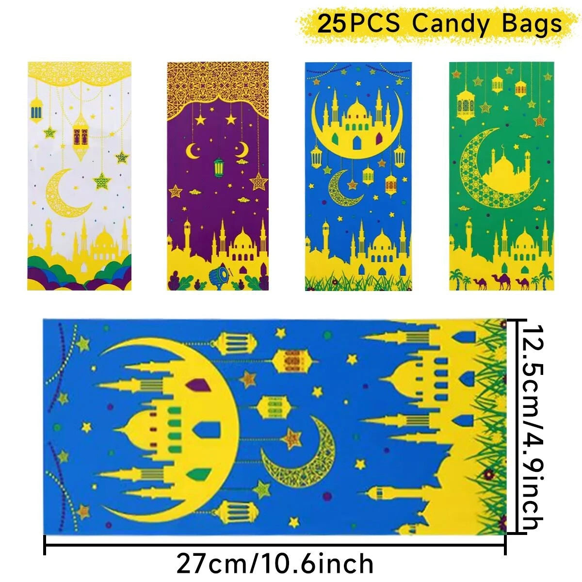 50pcs Eid Mubarak Gift Bags Plastic Bag Cookie Candy Ramadan Kareem Decoration 2024 Islamic Muslim Party Packaging Bag Pouch