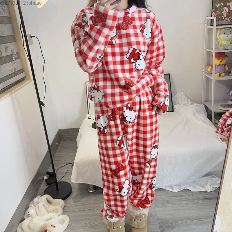 Sanrio Hello Kitty Home Clothes Red Plaid Plush Top Pullover Pants Women 2 Piece Set Cartoon Soft Flannel Cute Pajamas Suit Y2k