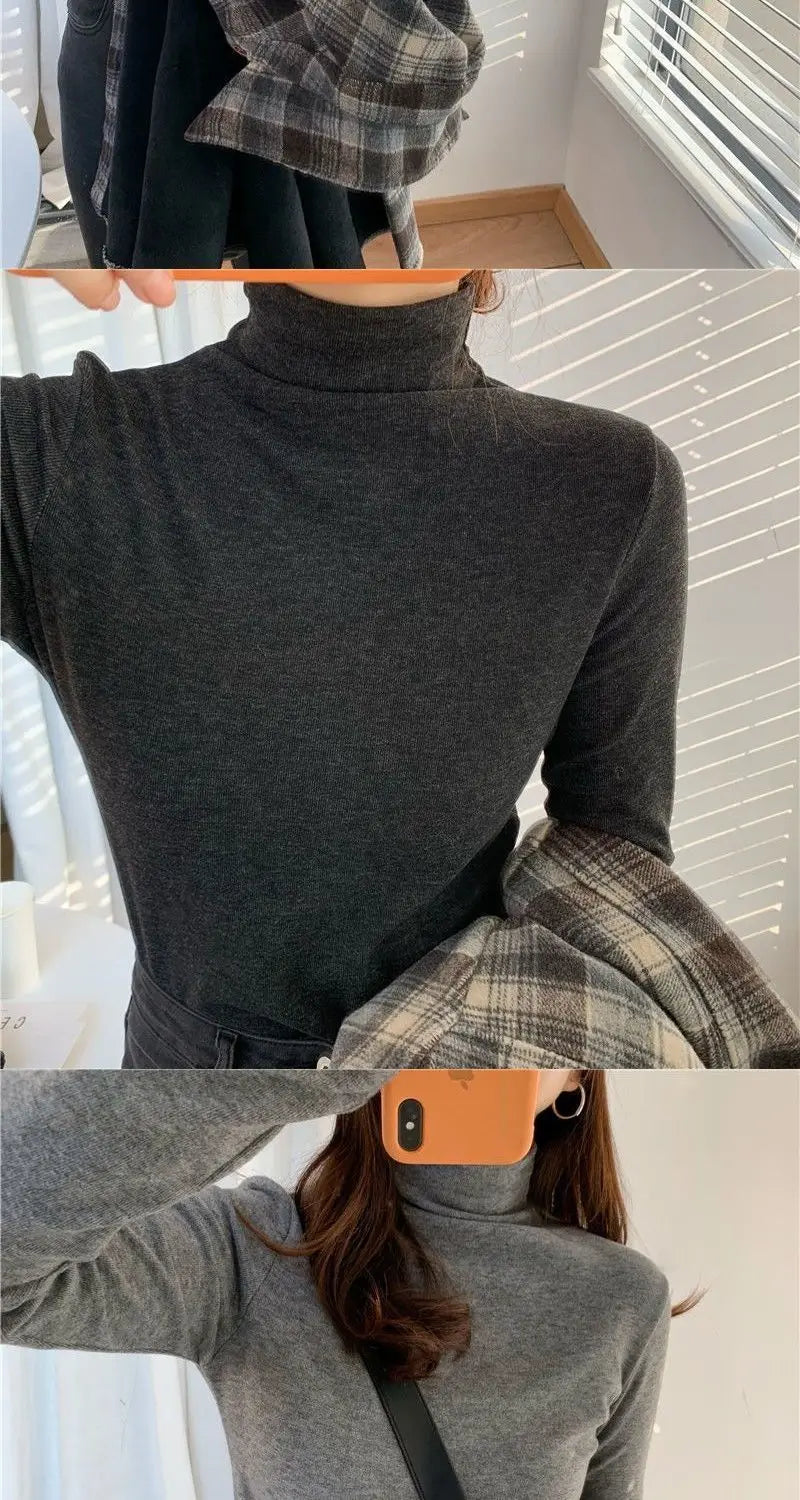 Winter Semi High Collar Long Sleeved T-shirt Women Solid Color Casual Slim Basic Inner Fashion Elegant Warm Gray T Shirt Top