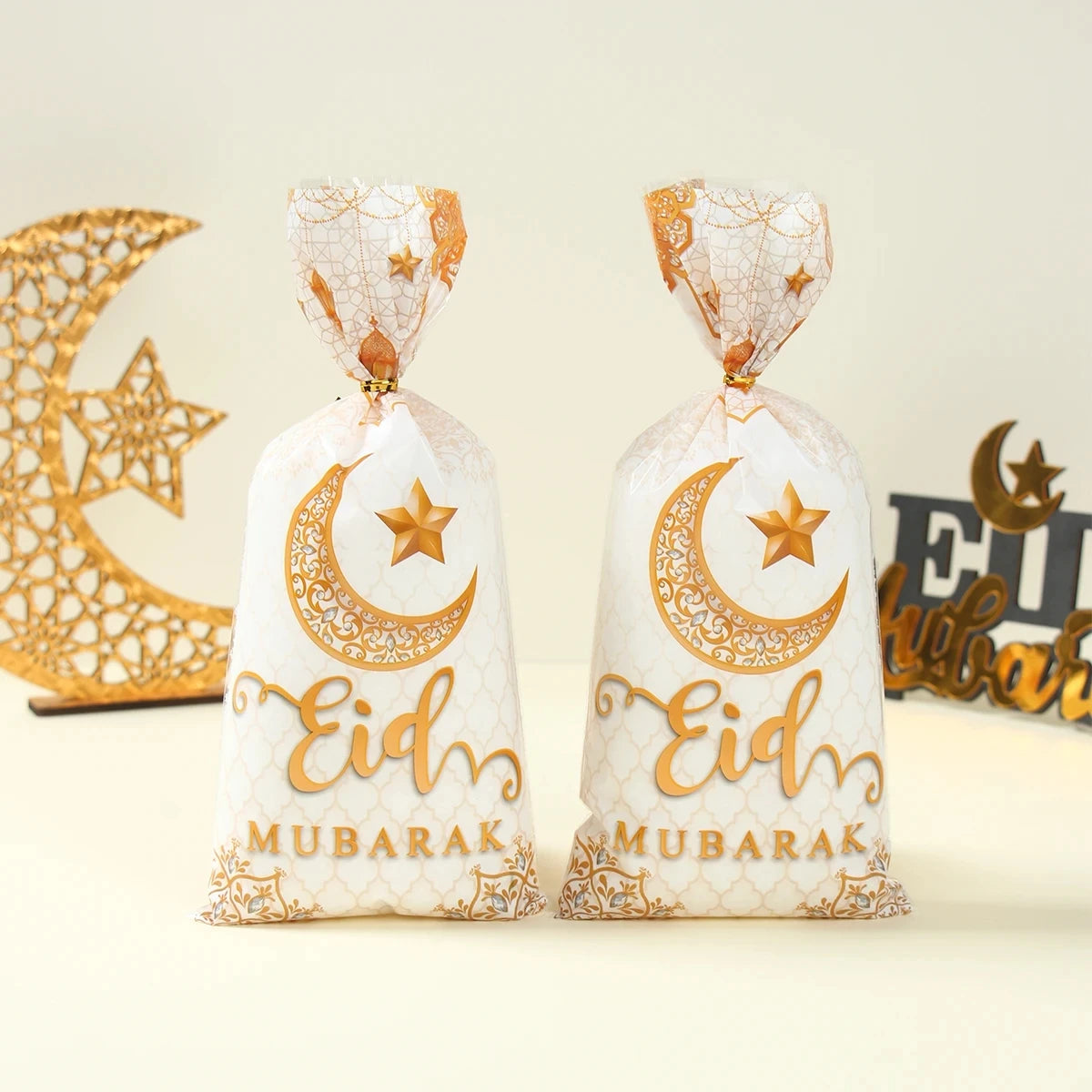 50pcs Eid Mubarak Gift Bags Plastic Bag Cookie Candy Ramadan Kareem Decoration 2024 Islamic Muslim Party Packaging Bag Pouch