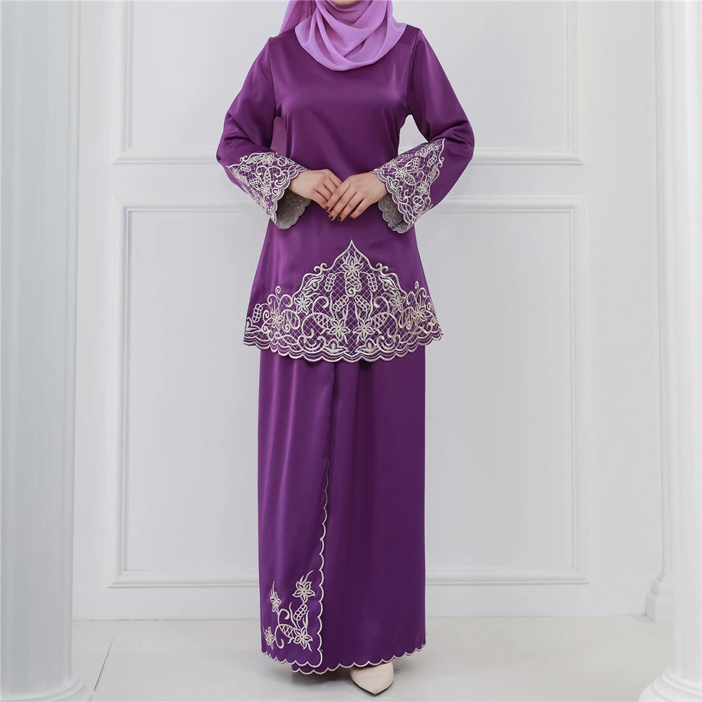 Muslim Sets Long Sleeve Tops Skirts Malaysia Baju Kurung Turkish Suit Embroidery Casual Solid Women Matching Set Ladies Outfits