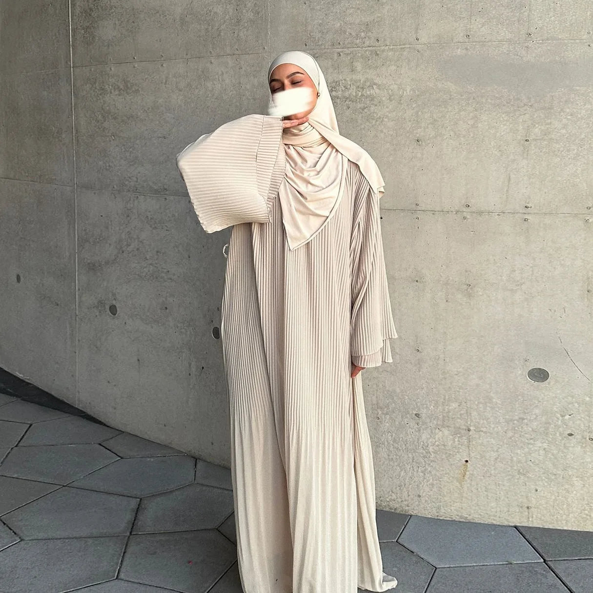 Fashion Women Pleated Muslim Dresses 2024 Spring Autumn Kaftan Long Sleeve Maxi Vestidos Casual Solid Loose Party Robe Vestidos