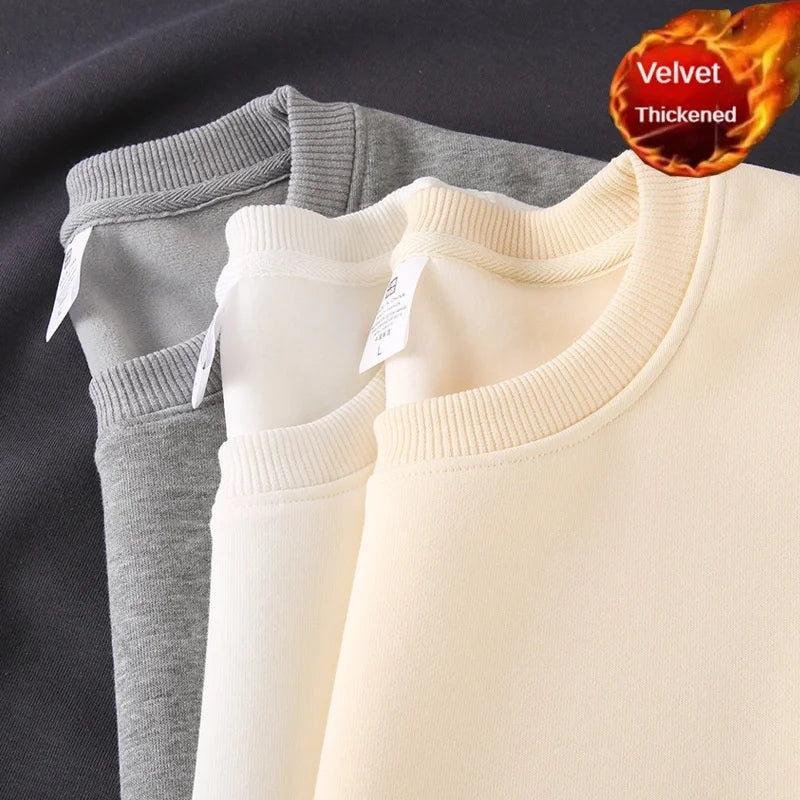 Cotton Thick Sweatshirt Couple Solid Color Fleece Top Loose Round Neck Long Sleeve Bottoming Shirt Men Women Casual Sweatshirt