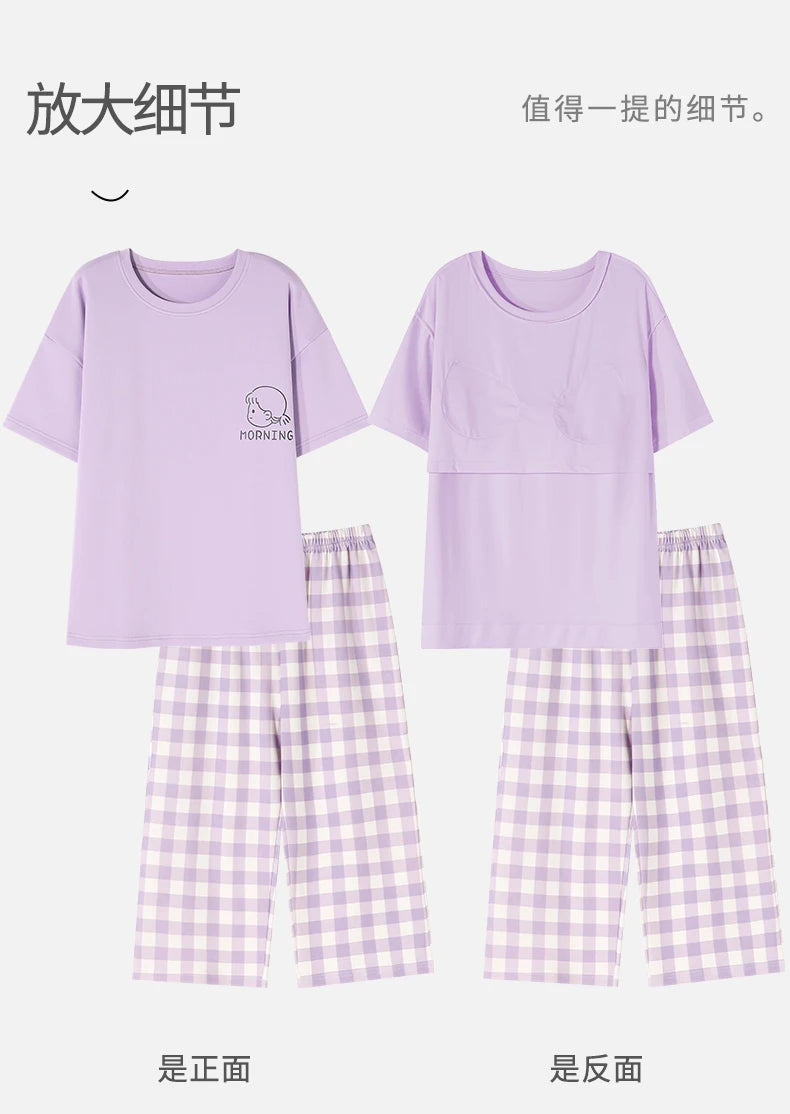 Summer Capris Nightwear With Bust Padded Young Womens Pajama Sets Pyjamas Plaid Sleepwear Girls Loungewear Pijama Mujer Homewear