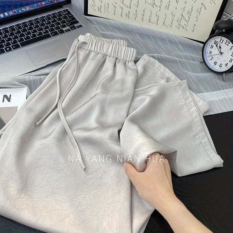 Spring Summer Ice Silk Satin Women's Pants Commuting High Waist Loose Straight Drape Casual Wide Leg Folds Full Length Pants