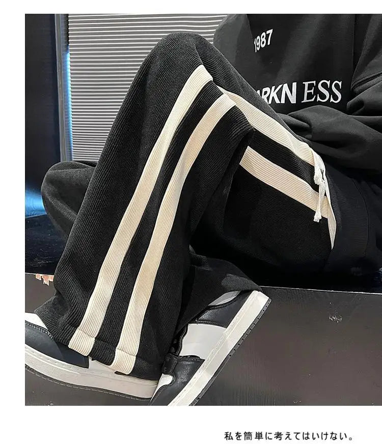 Fleece Thicken Corduroy Wide-leg Pants Men's Harajuku High Street Side Stripes Pants Casual Straight Elastic Waist Sweatpants