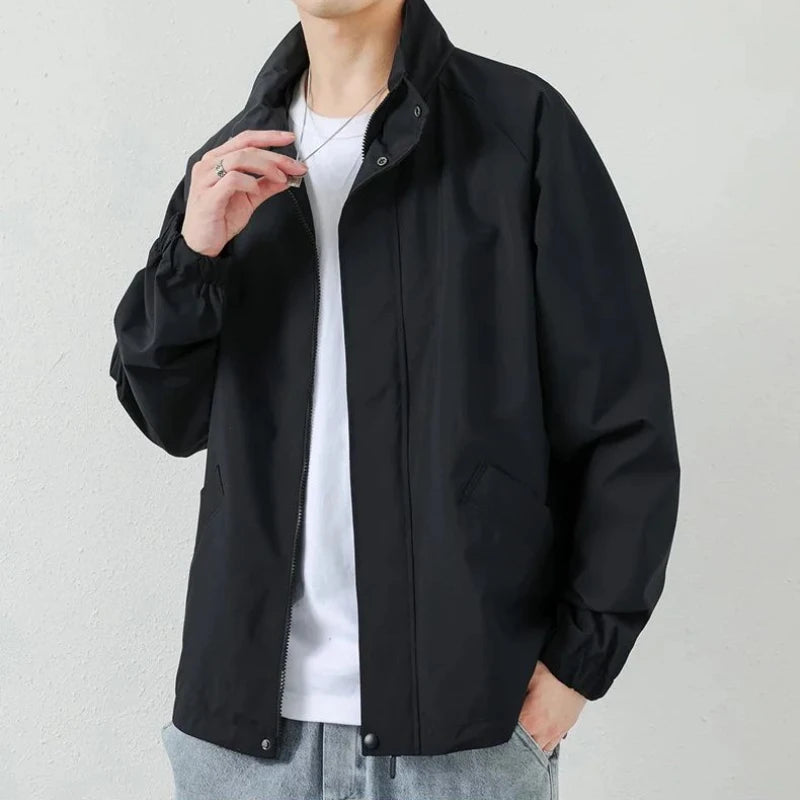 Men’s Autumn Black Long Sleeve Collar Jacket Casual Zipper Loose Wild Waterproof Outdoor Sports Jacket Ultrathin Solid Coat