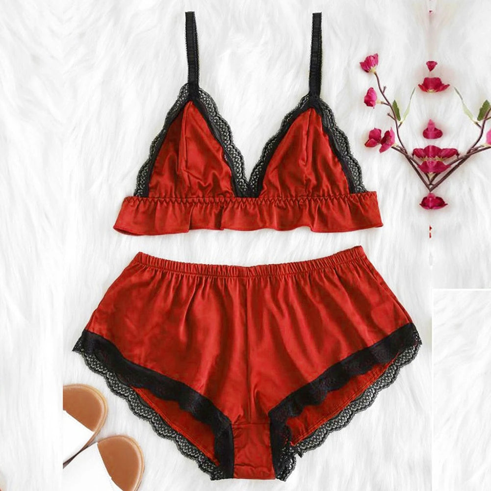 Women Lace Camisole Top Panties Sexy Satin Silk Sleepwear Set Top Shorts Nightwear Lingerie Pajamas Set Trikini Top Briefs Set