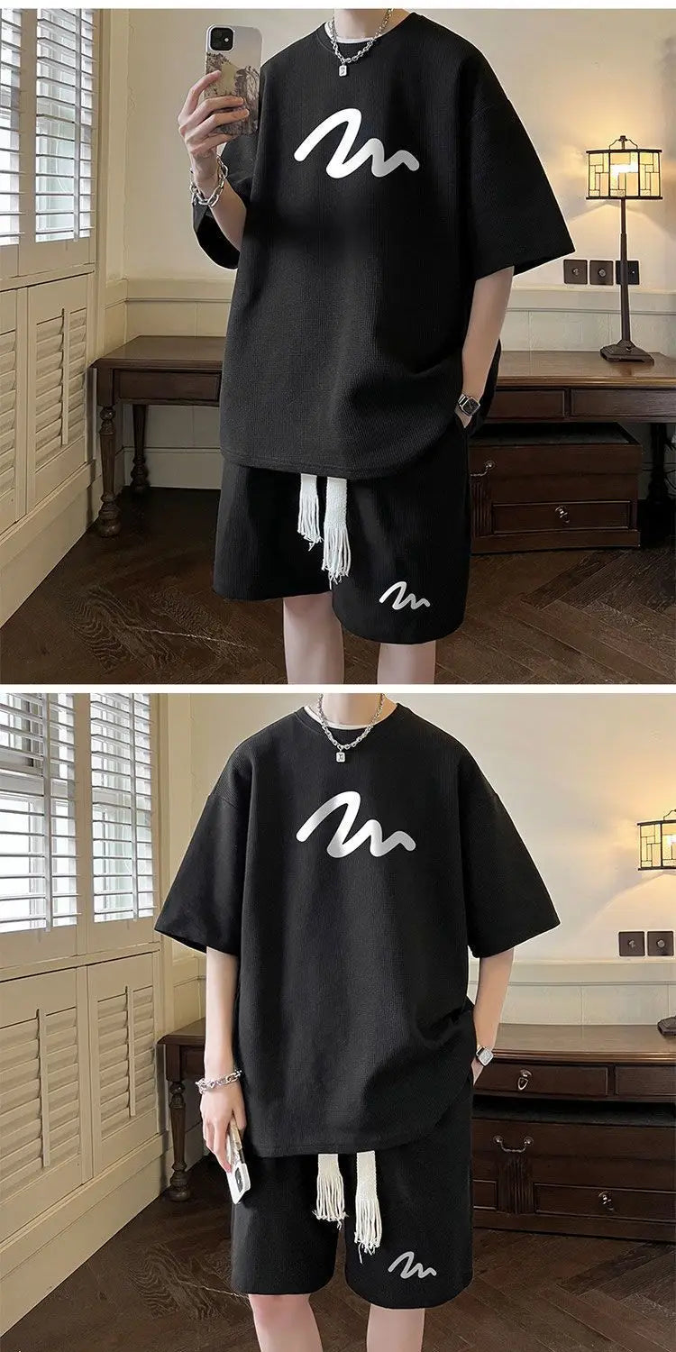 2 Pieces Men Shorts Set Summer Waffle Pattern Hong Kong Style Casual O Neck Half Sleeve T Shirt Shorts Oversize Loose Print Sets