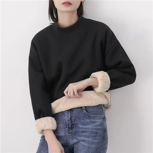 Fleece Pullover Sweatshirts For Women Autumn Turtleneck Long Sleeve Basic Solid Plus Velvet Thickened Sweater Female Clothes