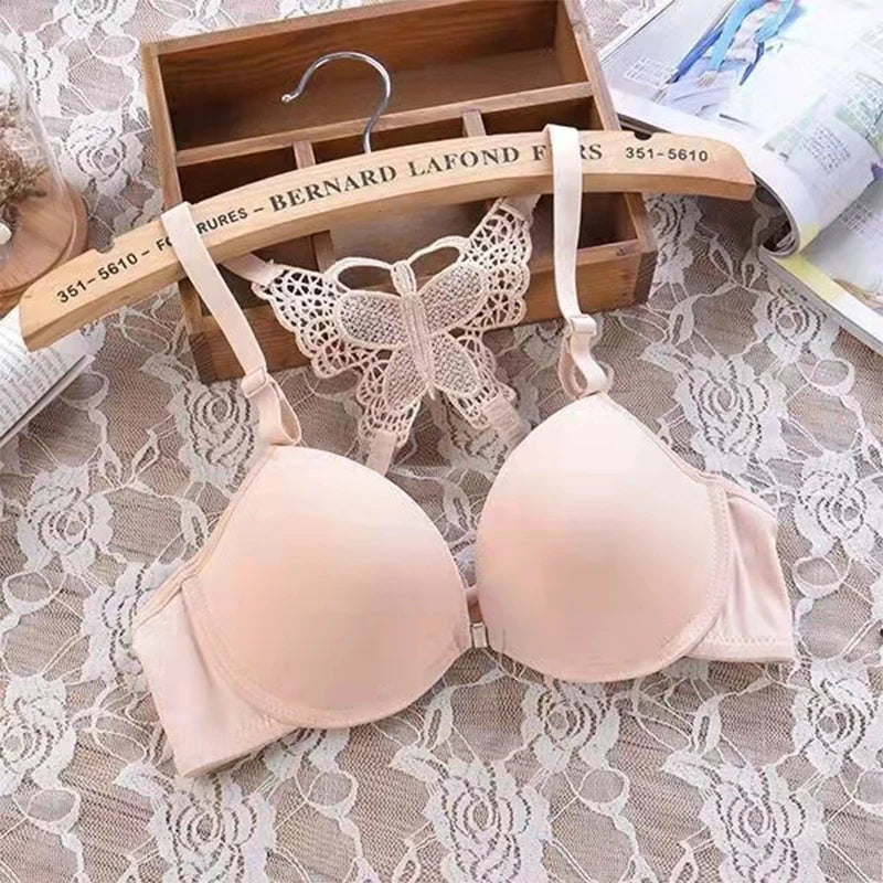 1 Piece Lace Stitching Bra  Panties Front Buckle Push Up Bra  Scallop Trim Panties Lingerie Set, Women's Lingerie  Underwear