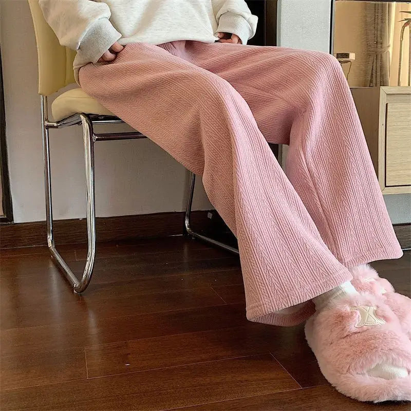 Women Autumn Winter Wide-Leg Pants High-Waist Casual Drape Loose Straight Pants Fleece Elastic Waist Fashion Mopping Pants