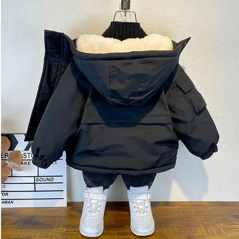 2023 Winter Boys Jacket Children Clothing Keep Warm Cotton Thicken Coats Kids Zipper Hooded Outerwear Plus Velvet Jackets