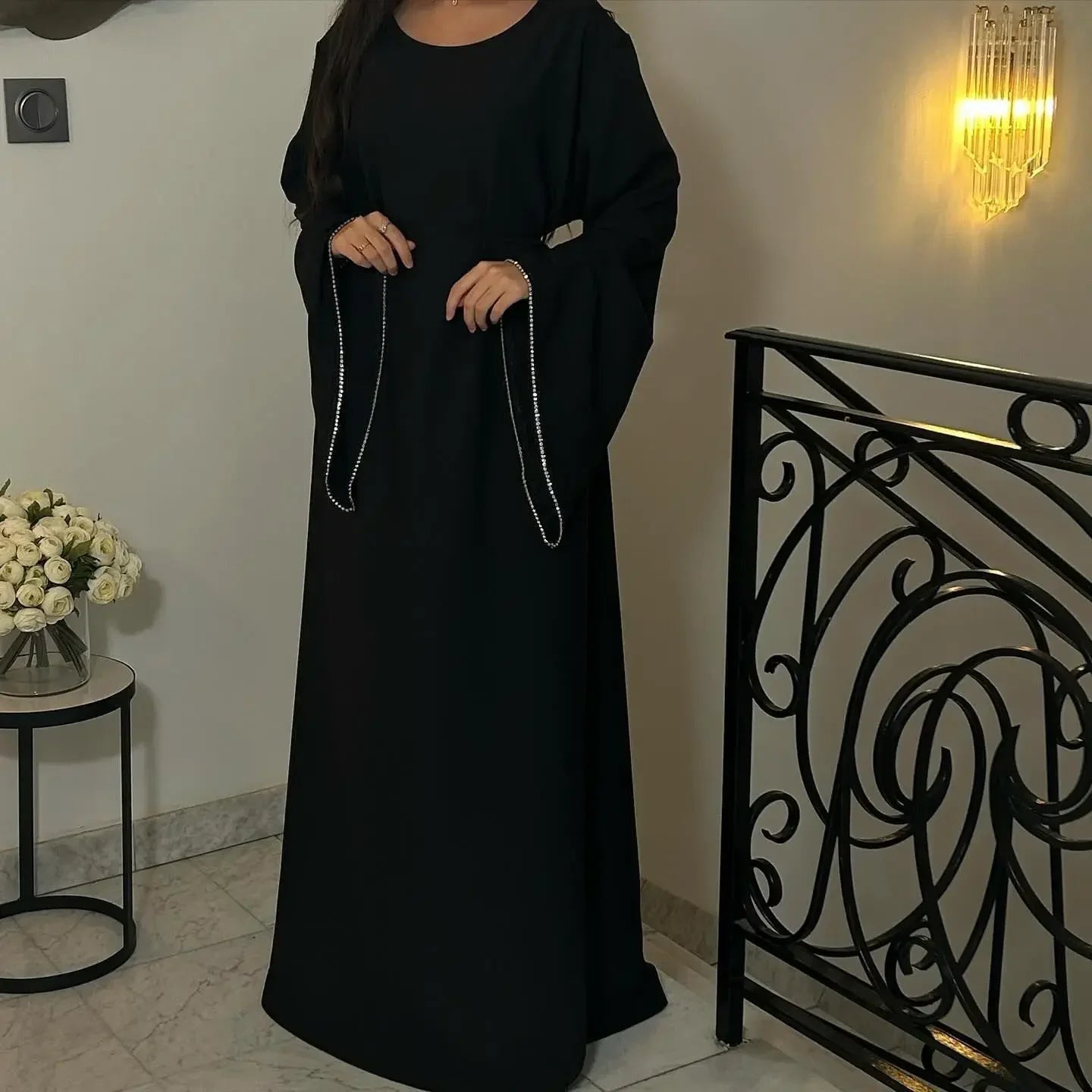 Ramadan Eid Diamond Long Sleeve Djellaba Muslim Dress Dubai Fashion Abaya Thin Muslim Robes Islam Robe Women Satin Long Dress