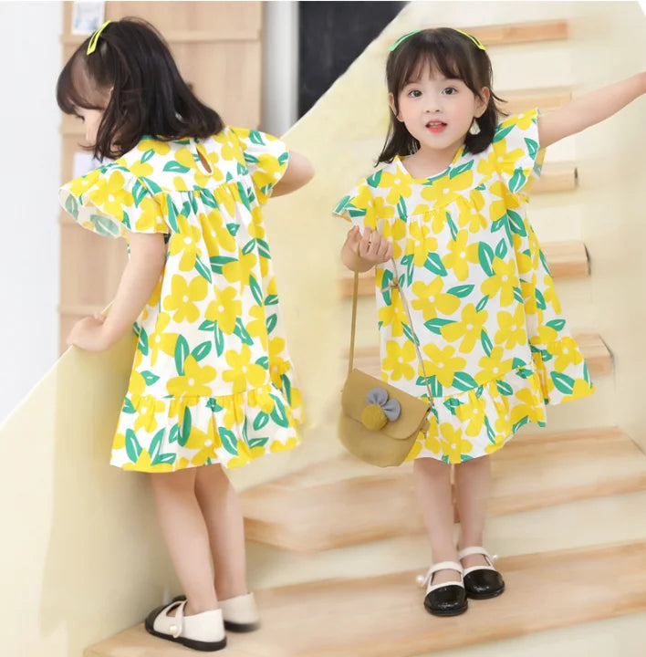 Girl Dresses100% Cotton Children's Clothing Summer Kids Clothes Girls Party Princess Fashion Outfit Flower Pattern Beach Dresses