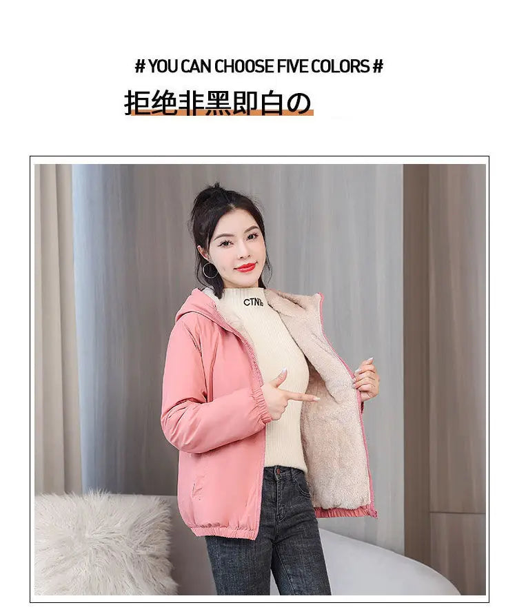 Women's Fleece Coat Winter Warm Thicken Solid Windbreaker Hooded Cotton Plush Hooded Jackets Casual Outdoor Windproof Jacket