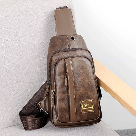 Kangaroo Luxury Brand Chest Bag Men Crossbody Bag Leather Chest Pack USB Charging Travel Sling Bag Messenger Shoulder Bag Male