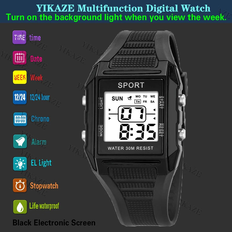 YIKAZE Black Sport Watch Men's Sports Wristwatches Waterproof Electronic Watch Chronograph Sport Digital Watches for Men Student