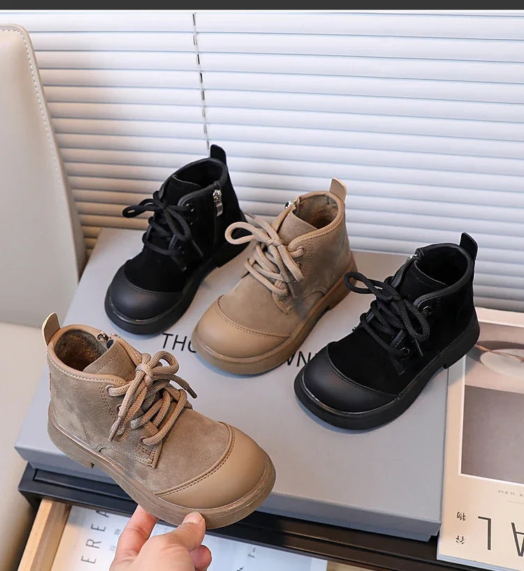 2023 New Girls Casual Shoes Non-slip Simple Children Fashion Boys Leather Boots Spring and Autumn New Kids Cotton Shoes Non-slip