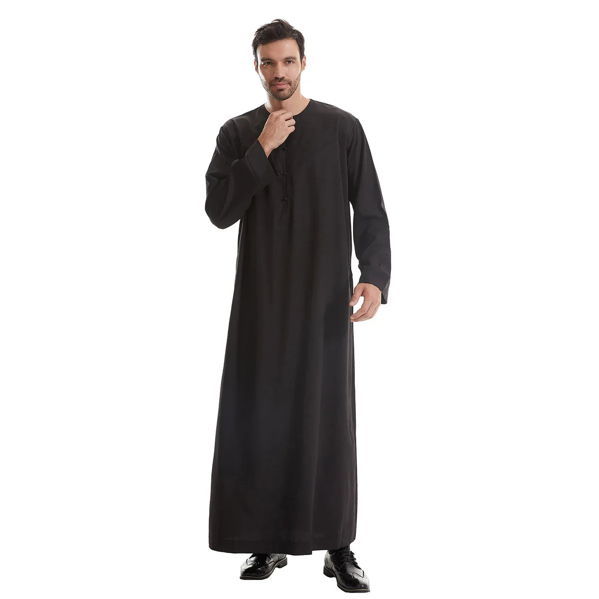 Men's Muslim Robe Ramadan Jubba Kaftan Dishdash Arabian Robe Solid Color Long Sleeve Loose T-shirt Dress Tunic Islamic Clothes