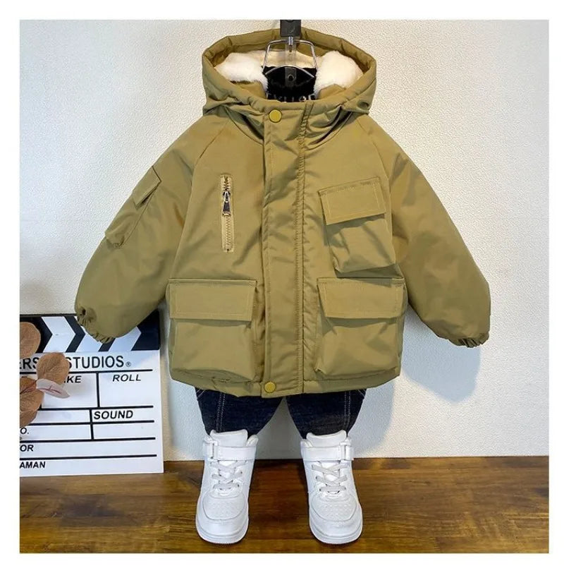 2023 Winter Boys Jacket Children Clothing Keep Warm Cotton Thicken Coats Kids Zipper Hooded Outerwear Plus Velvet Jackets