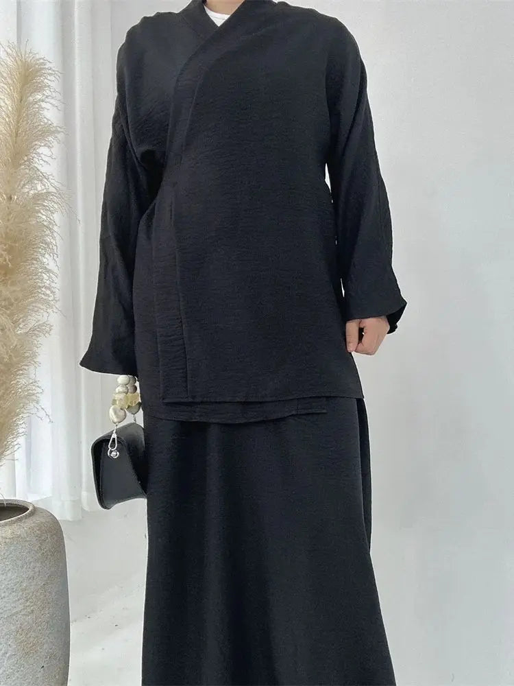 Eid Plain 2 Piece Abaya Set Tops Skirt Modest Muslim Sets Abayas For Women Clothing Robe Caftan Marocain Femme Musulmane Kaftan