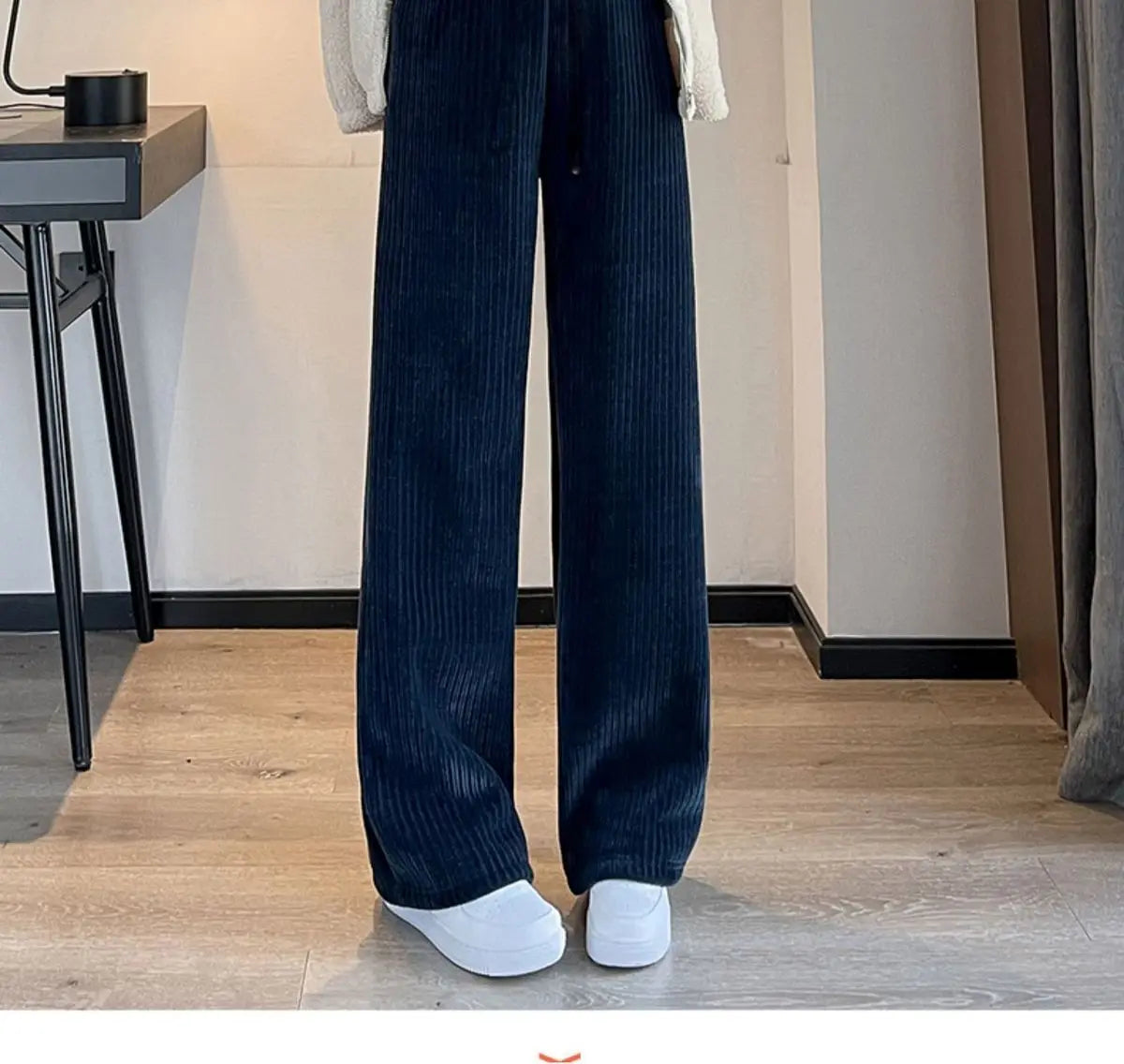 Women Winter Fleece Lined Wide Leg Pant Korean Warm Baggy Fashion Casual Corduroy Elastic Waist Stright High Waist Trousers