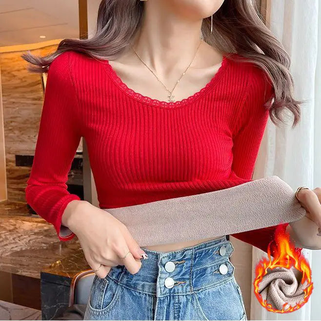 Thermal Underwear Women Winter Bottoming Shirt Fleece Warm Solid Long-Sleeved Lambwool Close-fitting O-Neck Pullover