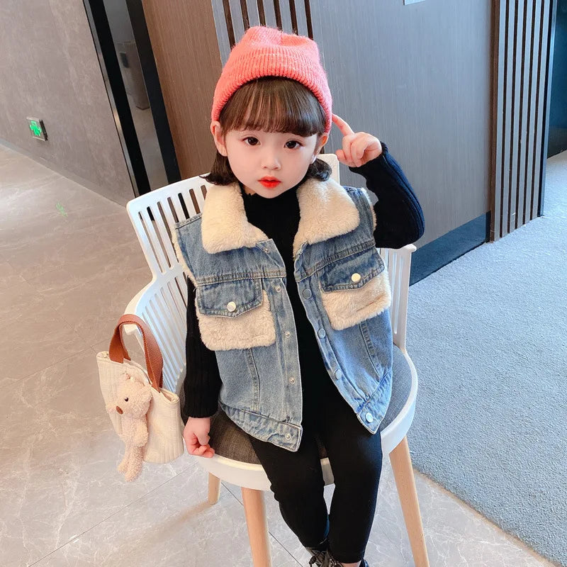 Boys and Girls' Vest Fleece Soft and Thickened Denim Tank Top Autumn Winter 2023 New Children's Coat Girls Fashion Kids Outfit