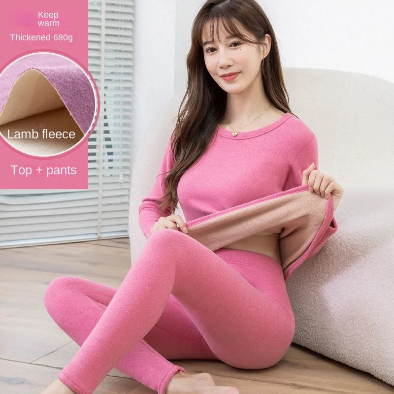 Thermal Underwear Women Suit  Thicken Lamb Fleece High Elastic High Waist Long Johns Bottoming Two Piece Sets Thermos Clothing