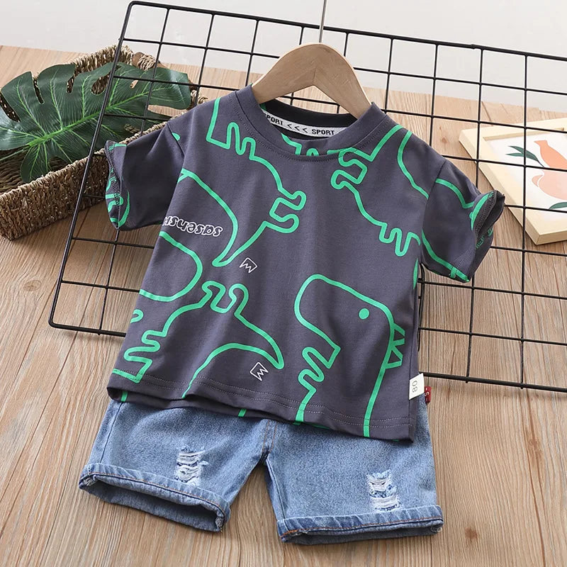 Summer Baby Boys Clothing Suits Childrens Set Dinosaur Print Tshirt+Denim Shorts 2 Pcs/sets Fashion  Children'clothes