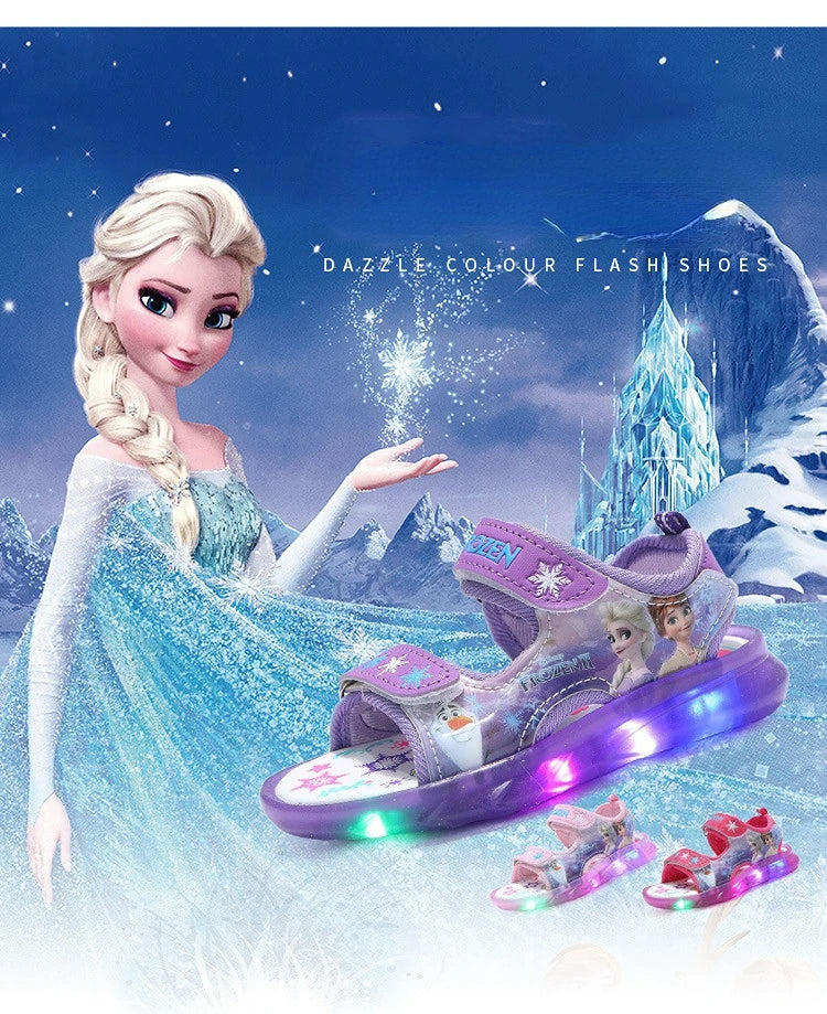 Disney Summer Children's Sandals Frozen Priness Elsa Anna Children's Sandals LED Light Beach Pink Purple Shoes Size 21-31