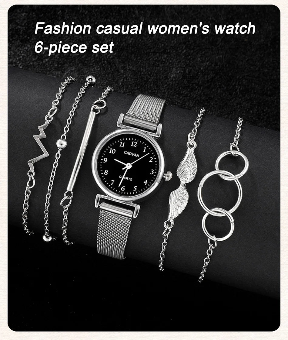 6PCS Set Women Watches Fashion Ladies Quartz Watch Bracelet Set Silvery Mesh Luxury Women Watches Dress Clock Montre Femme