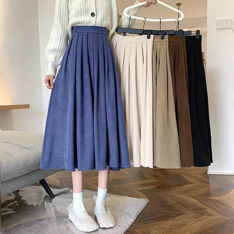 Xpqbb Korean Style Women's Midi Skirt 2022 Autumn High-Waisted Corduroy Long Skirt Women College Style Pleated A-Line Skirts