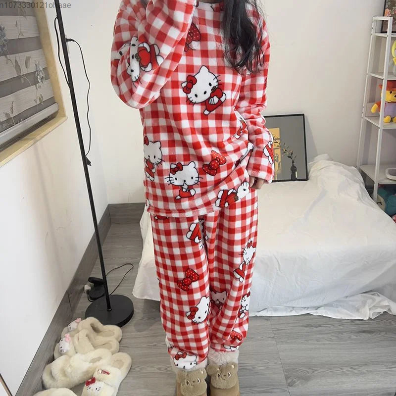 Sanrio Hello Kitty Home Clothes Red Plaid Plush Top Pullover Pants Women 2 Piece Set Cartoon Soft Flannel Cute Pajamas Suit Y2k