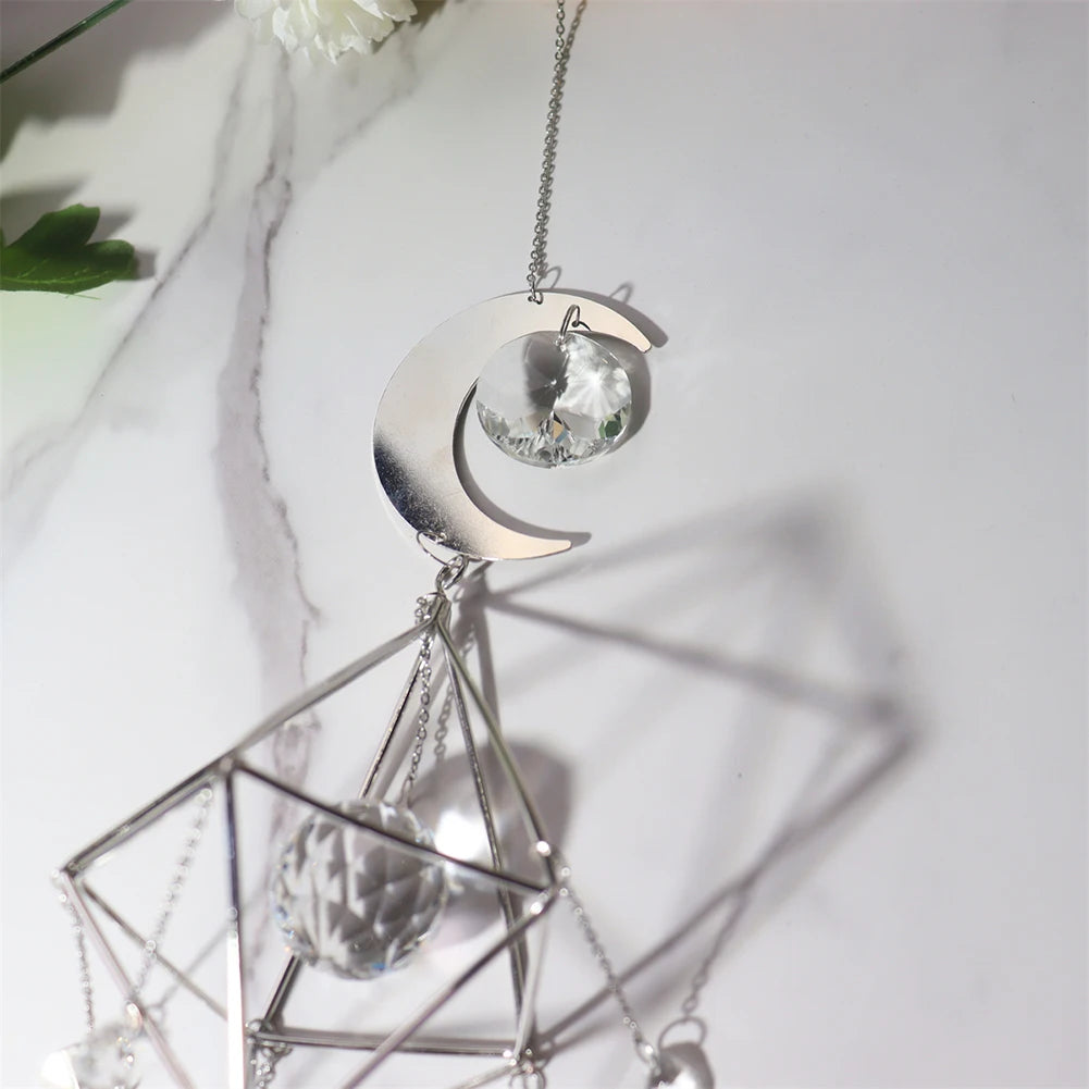 Wind Chime Crystal Light Catcher Hanging Ornament diamond Moon Prism Metal Frame Lighting Ball Bead Jewelry Curtains Home Decor