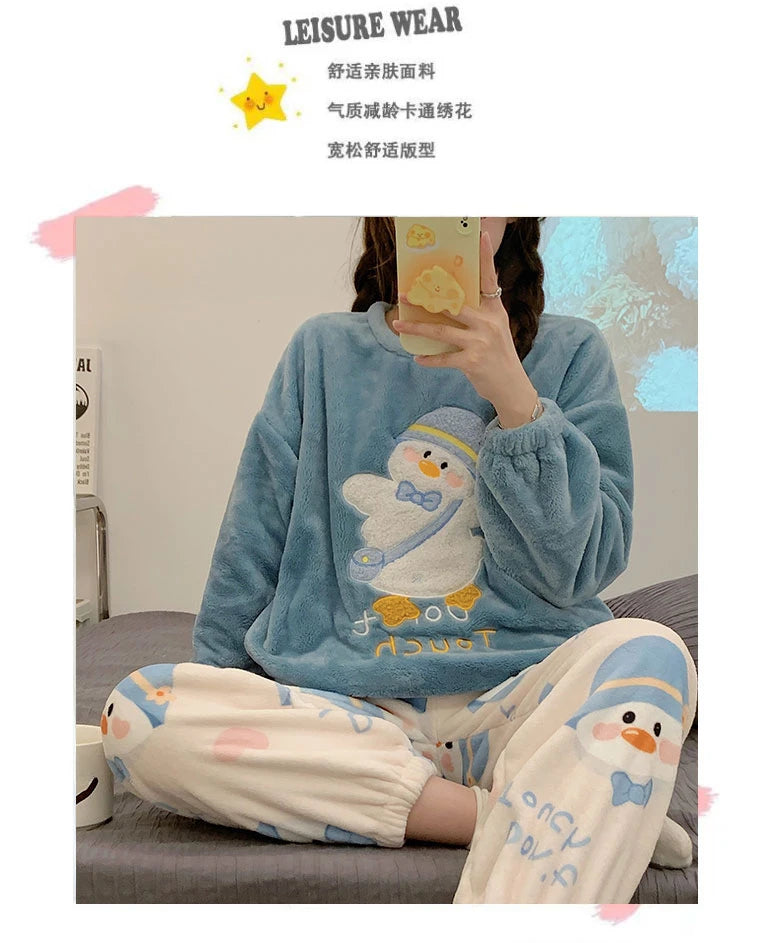 Autumn Winter Women's Pajamas Cute Cartoon Printed Sleepwear Casual Home Wear Set Girl Knitted Size M-3XL Pijamas Fashion Pyjama