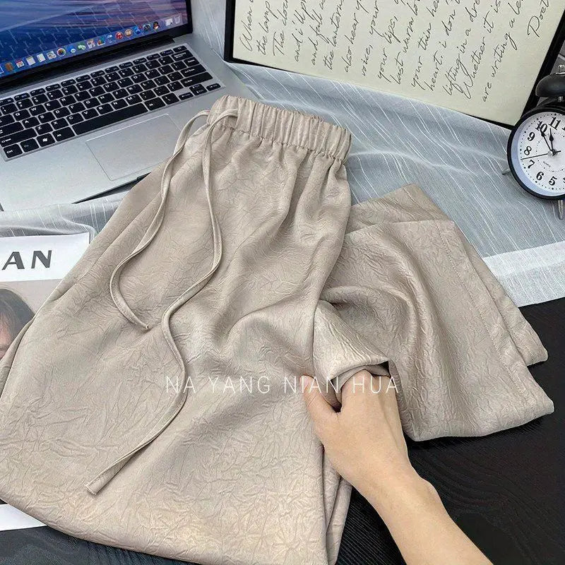 Spring Summer Ice Silk Satin Women's Pants Commuting High Waist Loose Straight Drape Casual Wide Leg Folds Full Length Pants