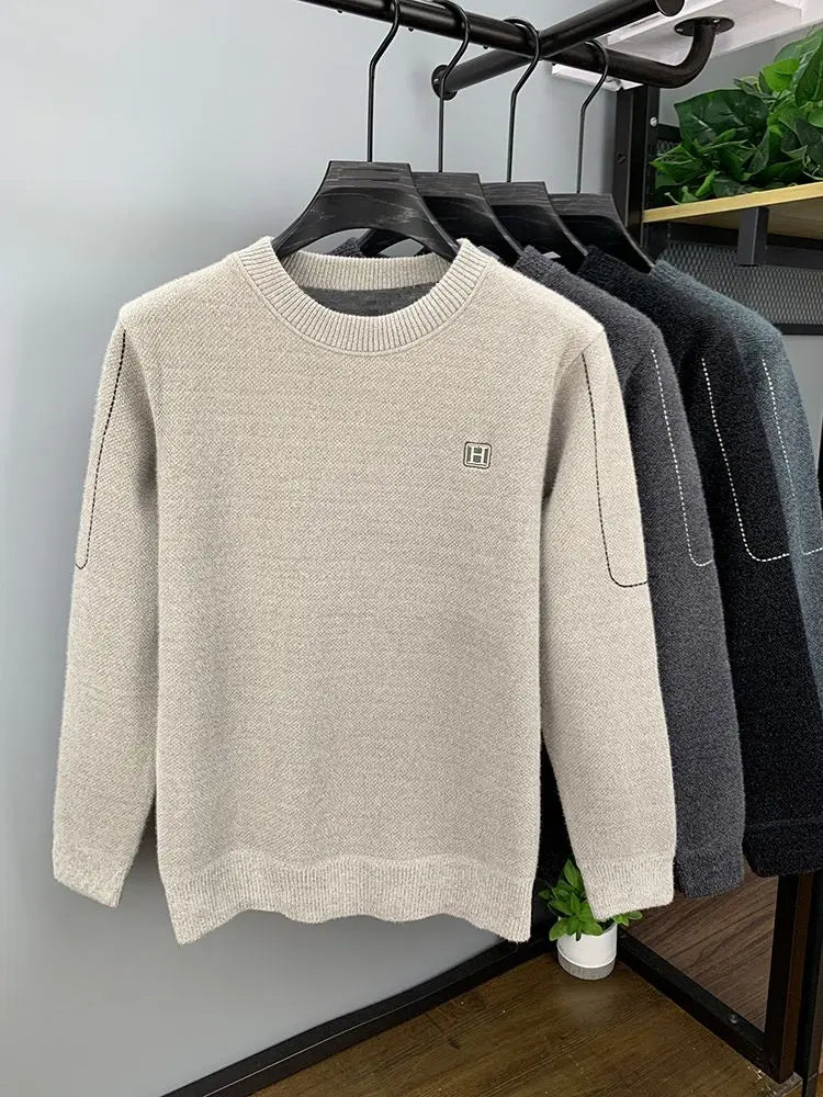 Winter Men's Warm Fleece Sweater O-Neck Embroidered Casual Knitted Inner Lap Pullovers Thick Thermal Underwear Sweater