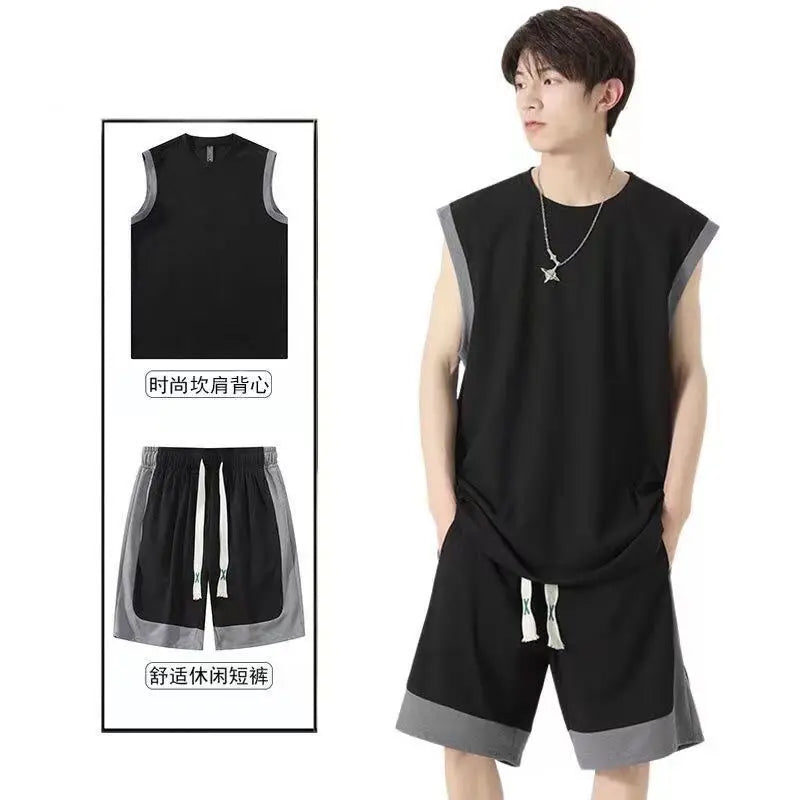 2 pcs Suit Summer Sleeveless Vest Sports Shorts Set Patchwork Casual Basketball Sportwears Breathable Loose Training Shorts Set